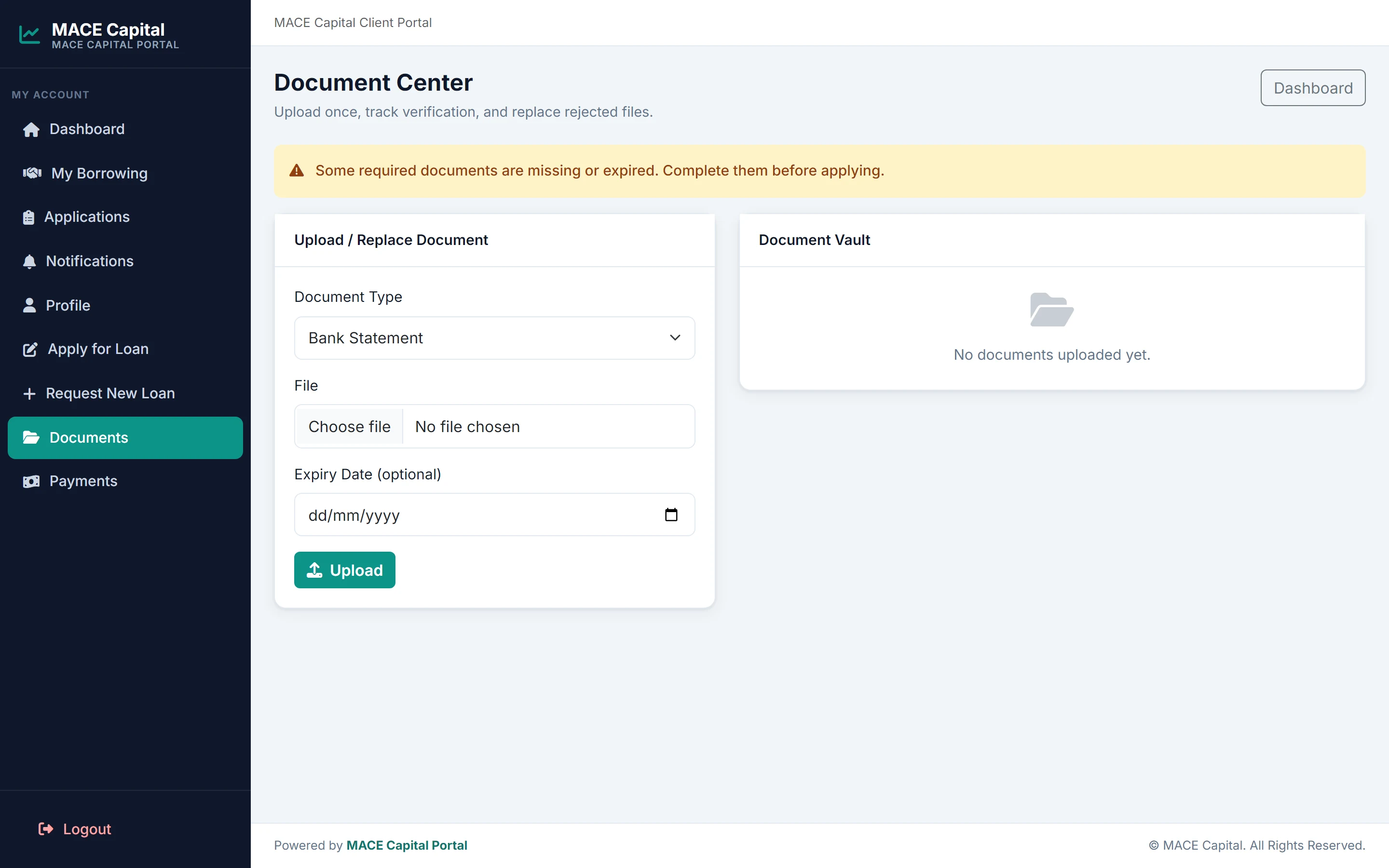 CapGrowth OS Client Document Vault for borrower uploads from Reference Enterprise
